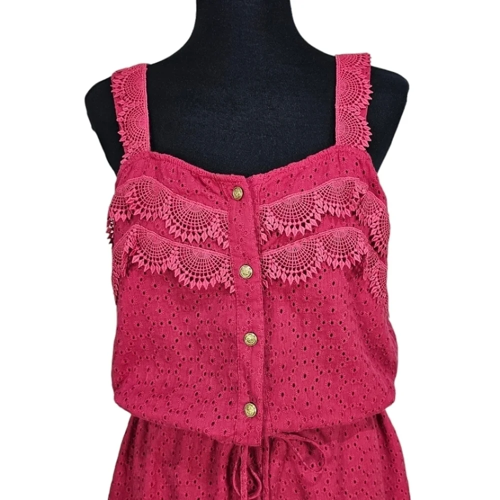 NWT Sperry Cotton Button Down Eyelet & Lace Drawstring Waist Romper Pink Red L